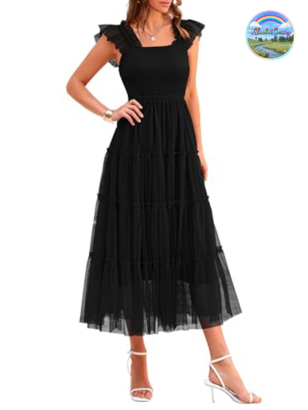 Womens Summer Smocked Midi Tulle Dress Sleeveless Fit Flare A-Line Beach